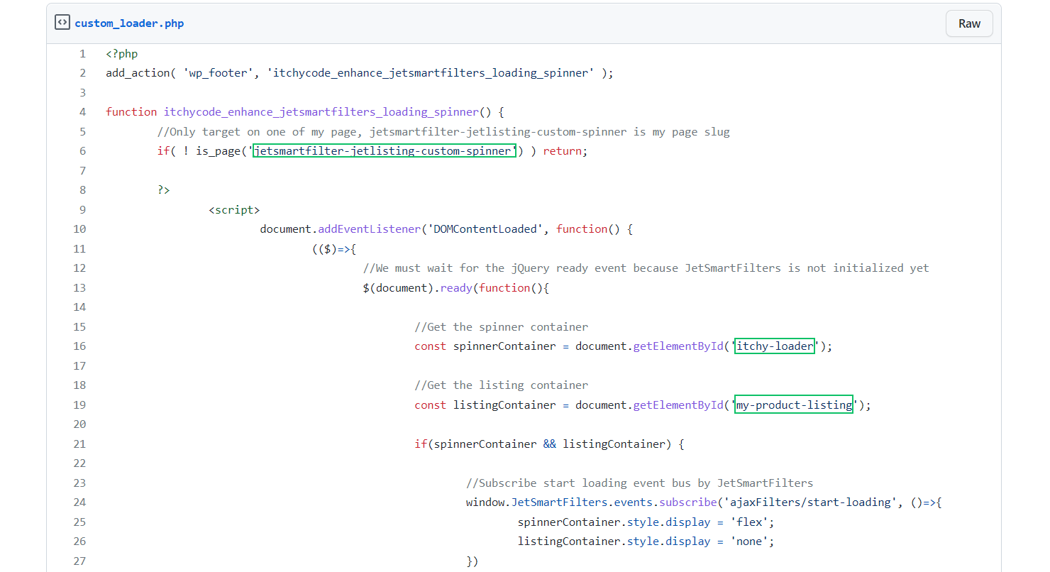 custom loader php code parts to change