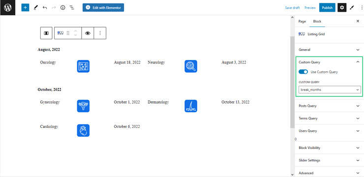 custom query settings of listing grid block