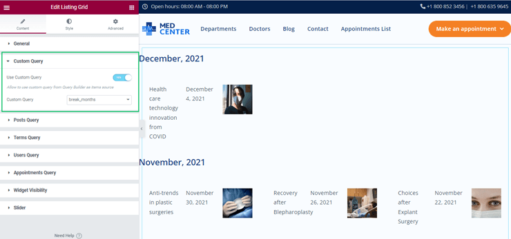 custom query settings of listing grid widget