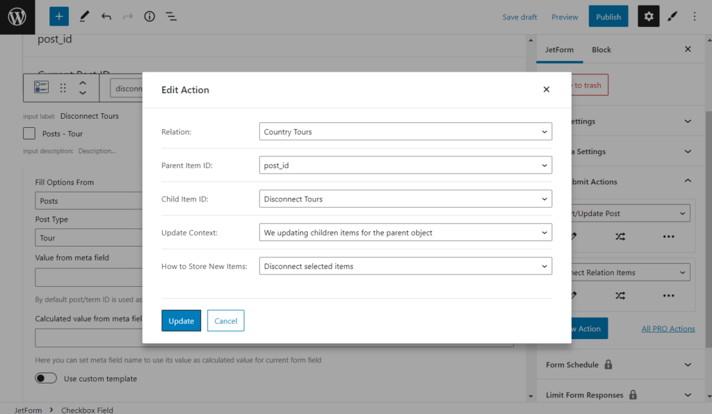 edit action pop-up