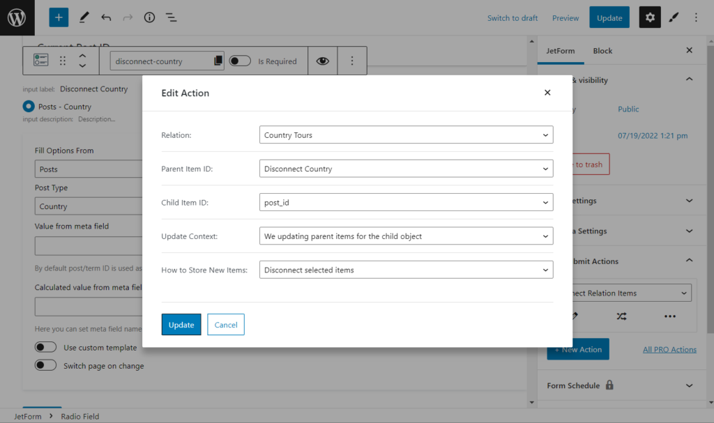 edit connect relation items action