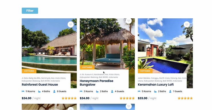 filtered listing grid with a button for popup