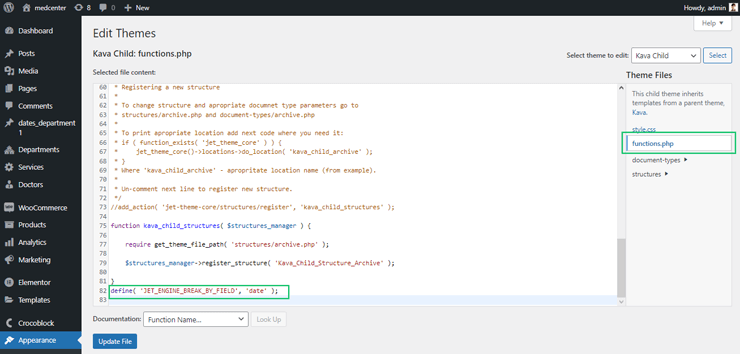 functionsphp file of active theme editing