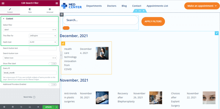 general settings of searchfilter widget in elementor