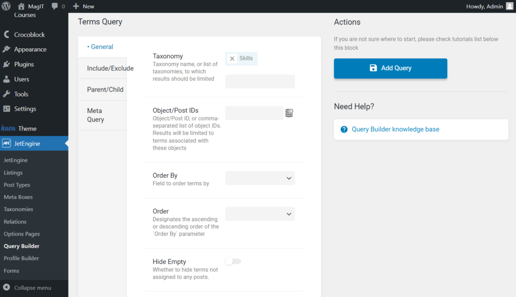 general tab of the terms query