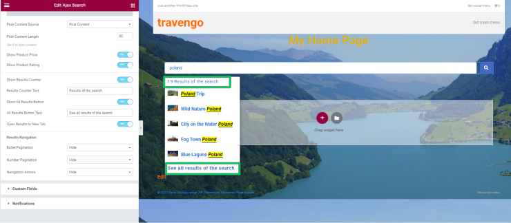 generalized search settings of ajax search results widgets