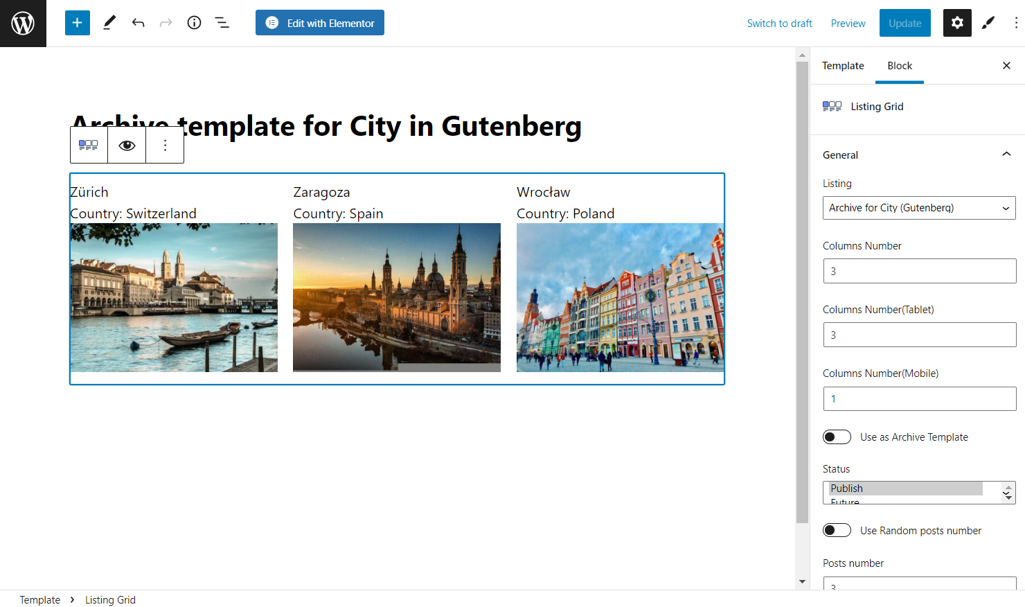 listing grid on the archive template in the block editor