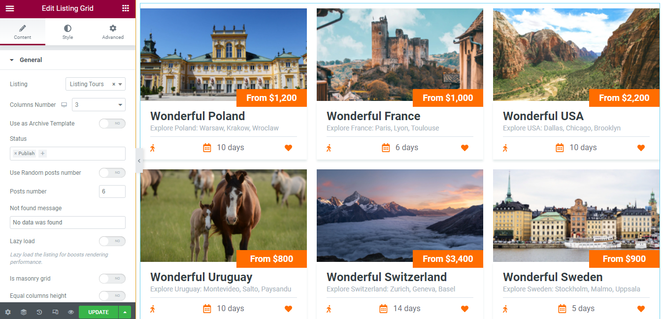 listing grid widget in the archive template