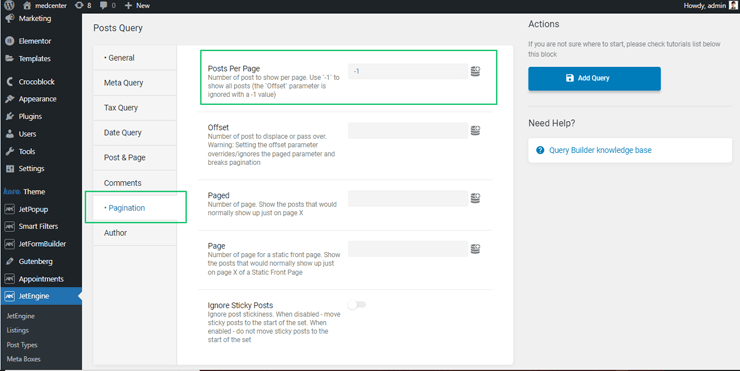 pagination settings of edit query tab