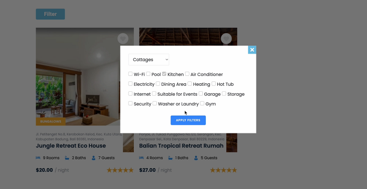 popup window with filters checked