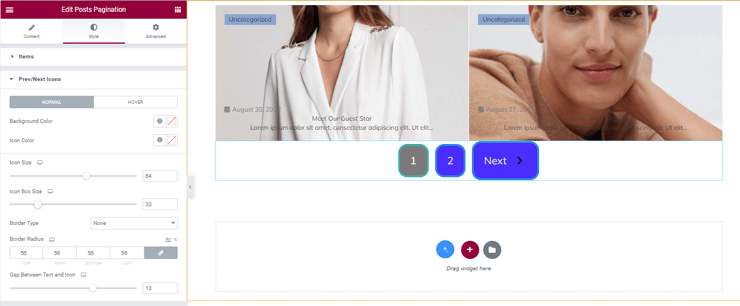 previous and next icons setting of posts pagination widget
