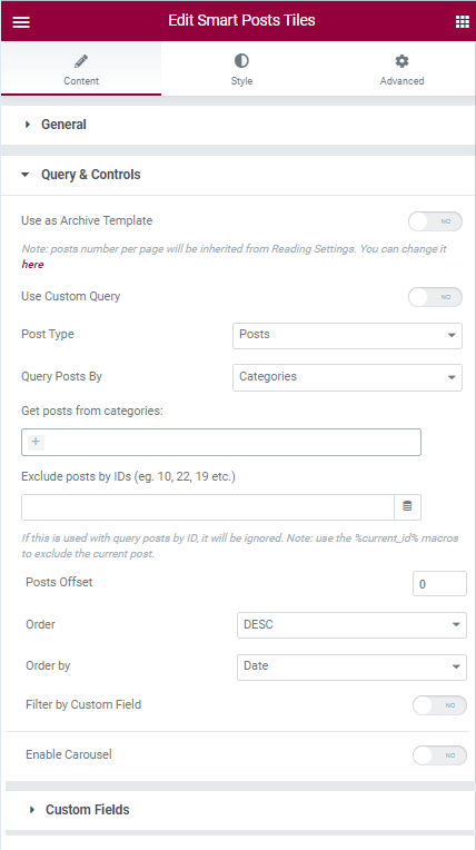 query and controls settings of smart posts tiles widget