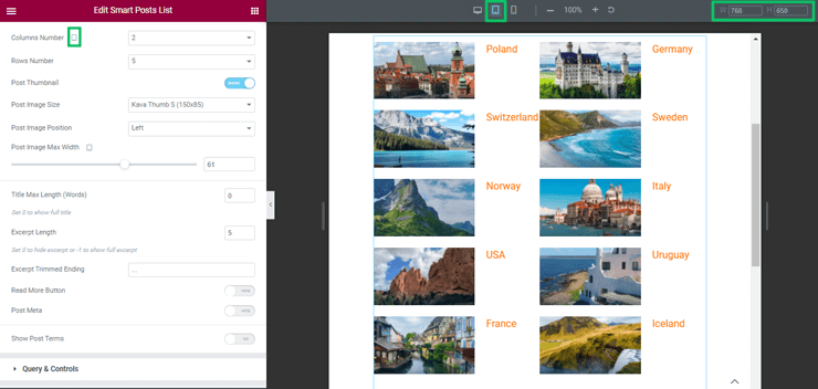 responsive columns and rows number settings applied