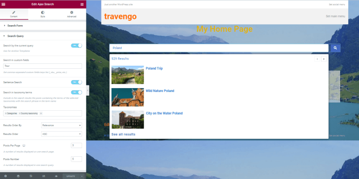 sentence search in elementor