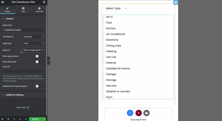 set filters in the popup