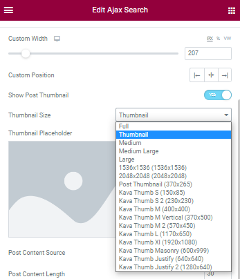 show post thumbnail toggle of ajax search results widgets