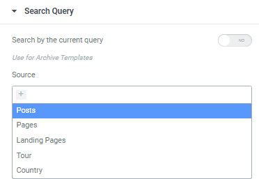 source field of ajax search widgets for elementor