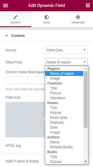 choosing meta data in source drop-down