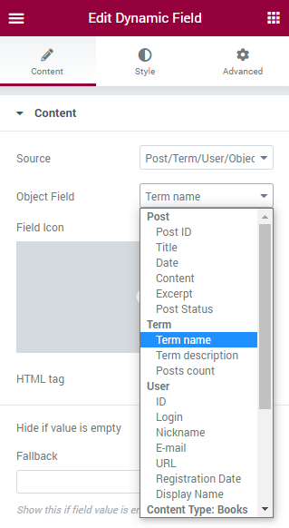 choosing term data in the source field