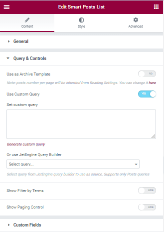 use custom query toggle of smart posts list widget