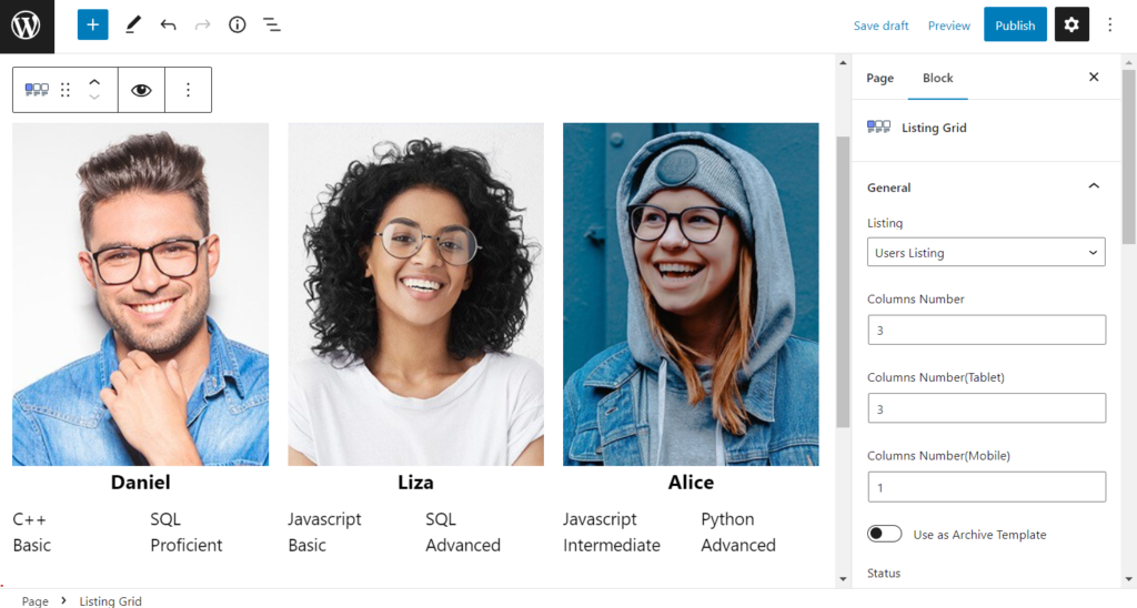 user listing grid in gutenberg