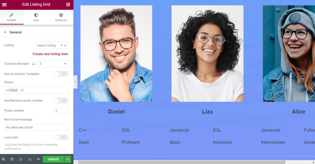 user listing in elementor