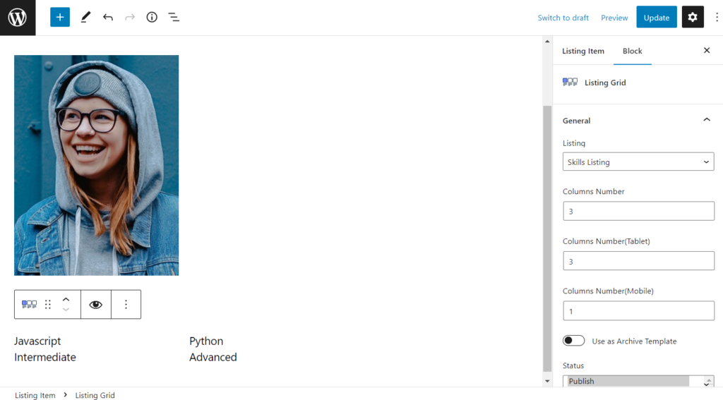 user listing in gutenberg