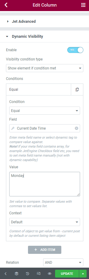 jetengine dynamic visibility value to compare