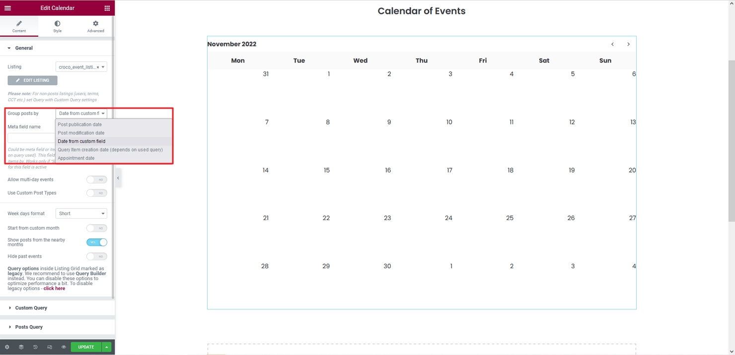 calendar widget group posts by