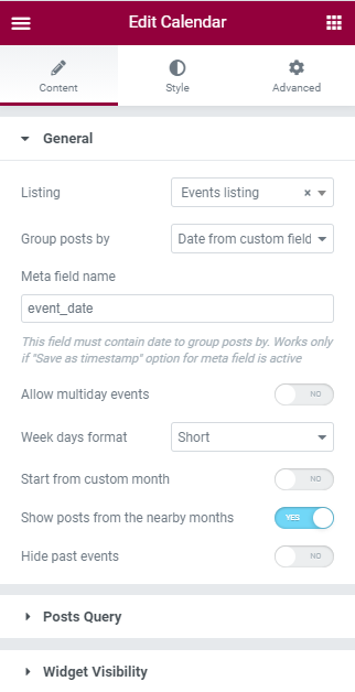 calendar widget general settings