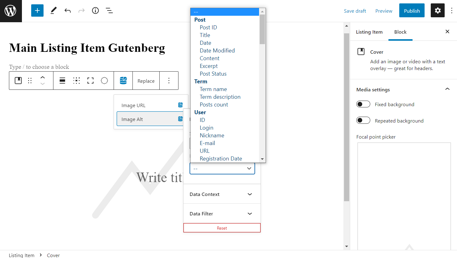 cover block current object property data source