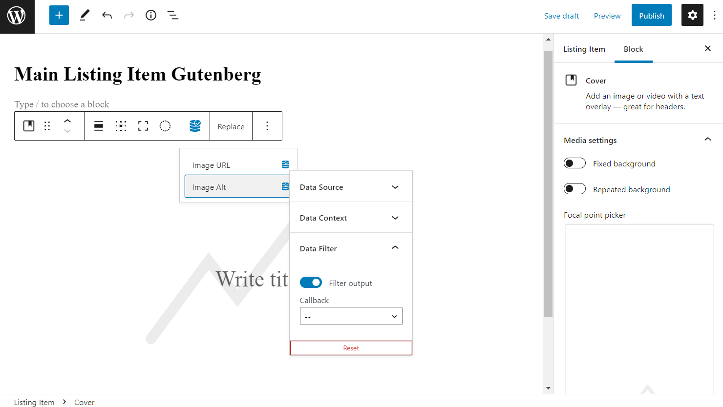 cover block image alt data filter output toggle