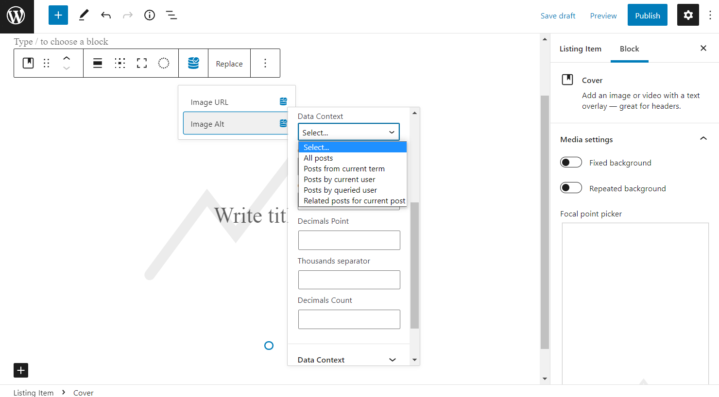 cover block image alt dynamic function data context