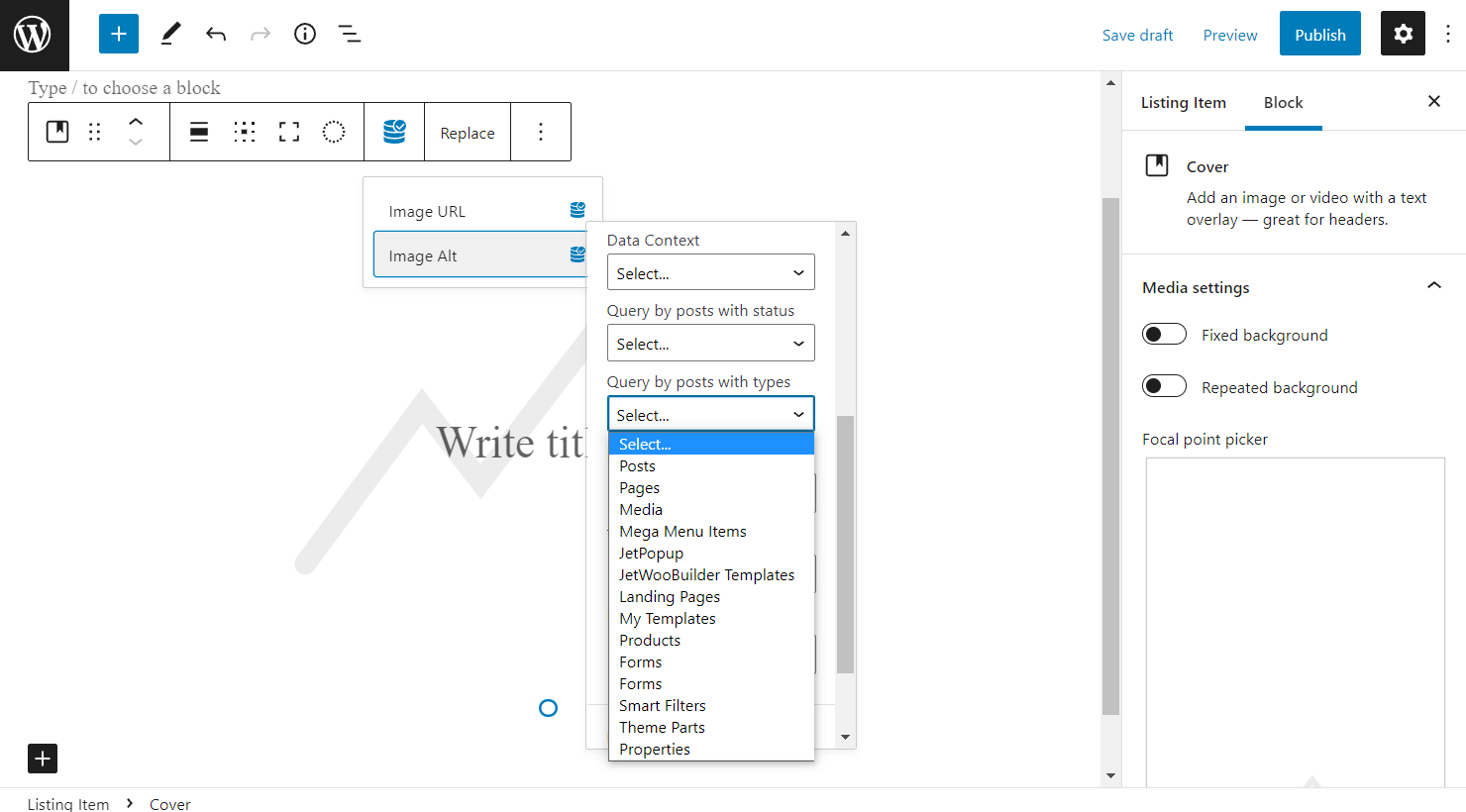 cover block image alt dynamic function data context query by posts with types