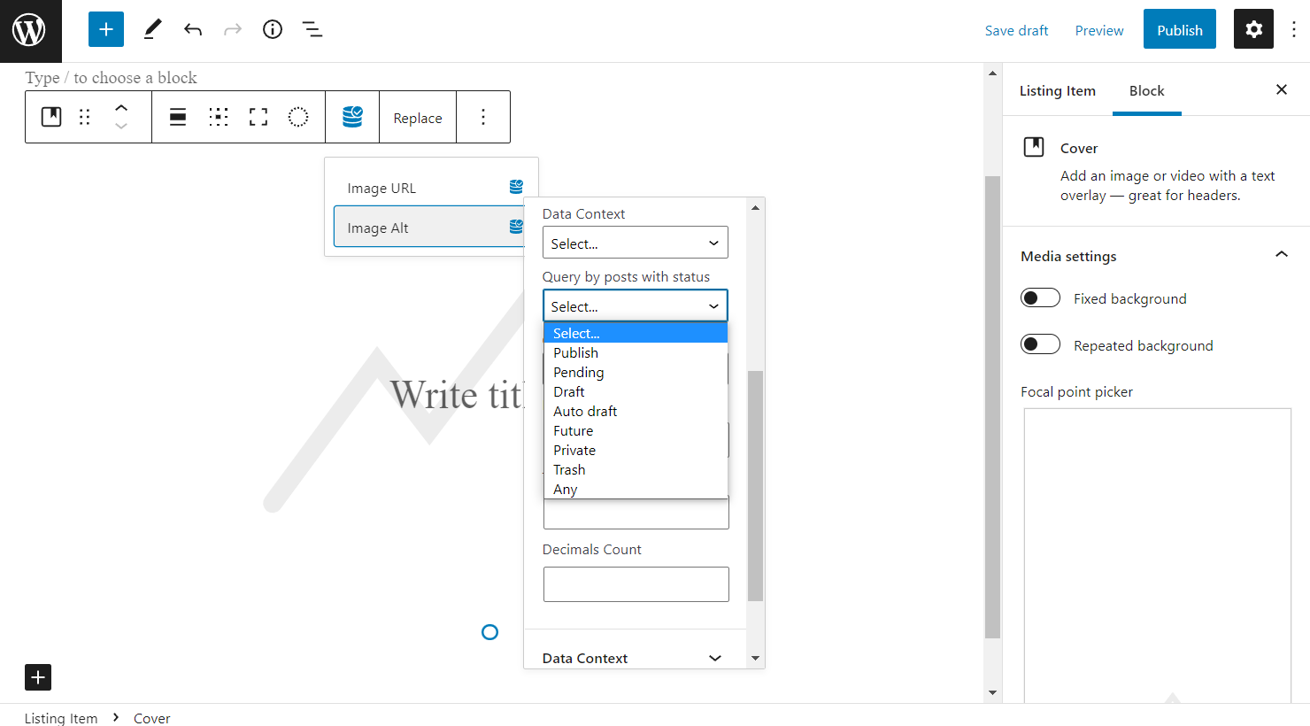 cover block image alt dynamic function data query by posts with status