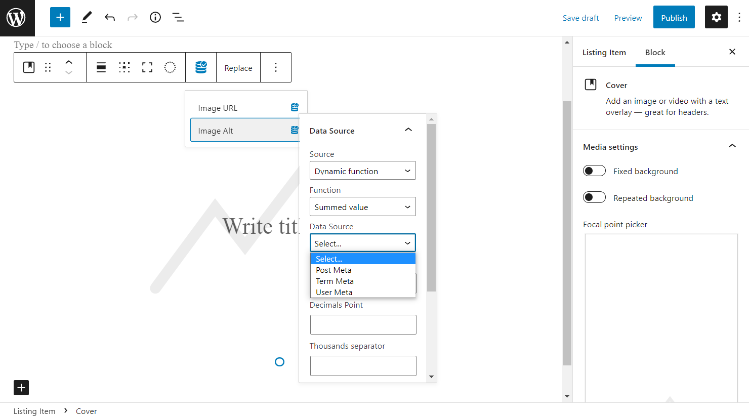 cover block image alt dynamic function data source