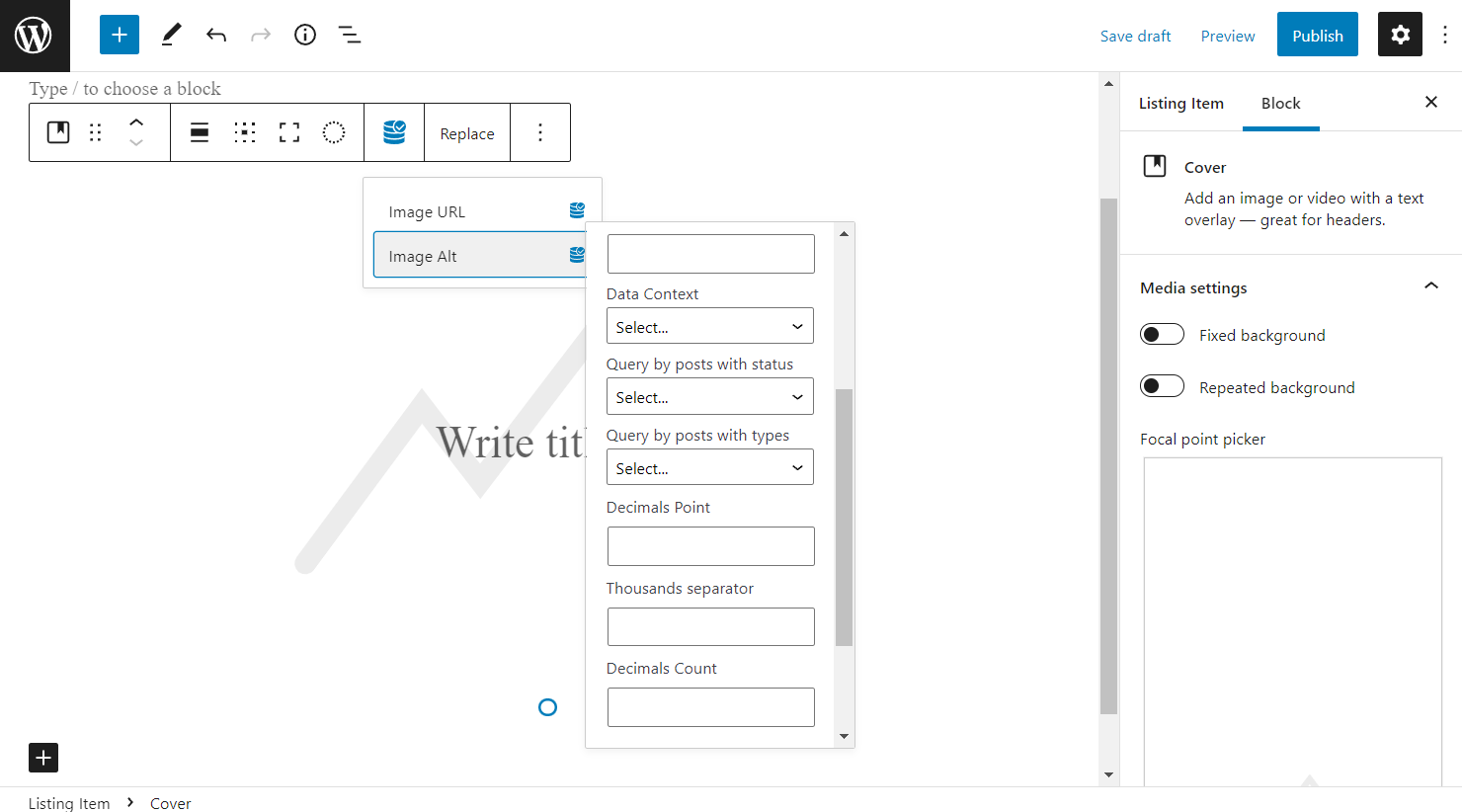 cover block image alt dynamic function post meta data source