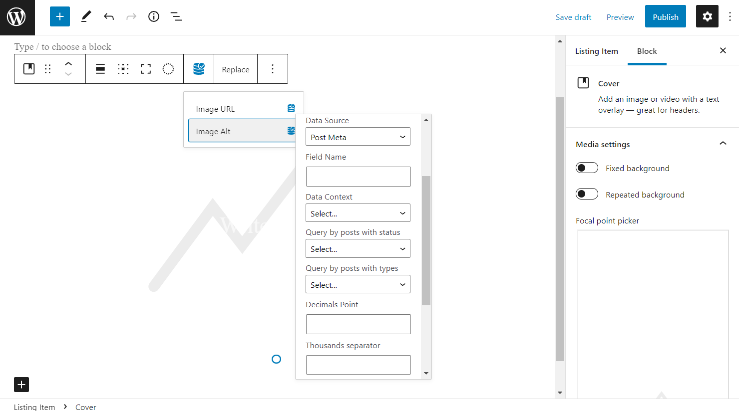 cover block image alt post meta data source fields