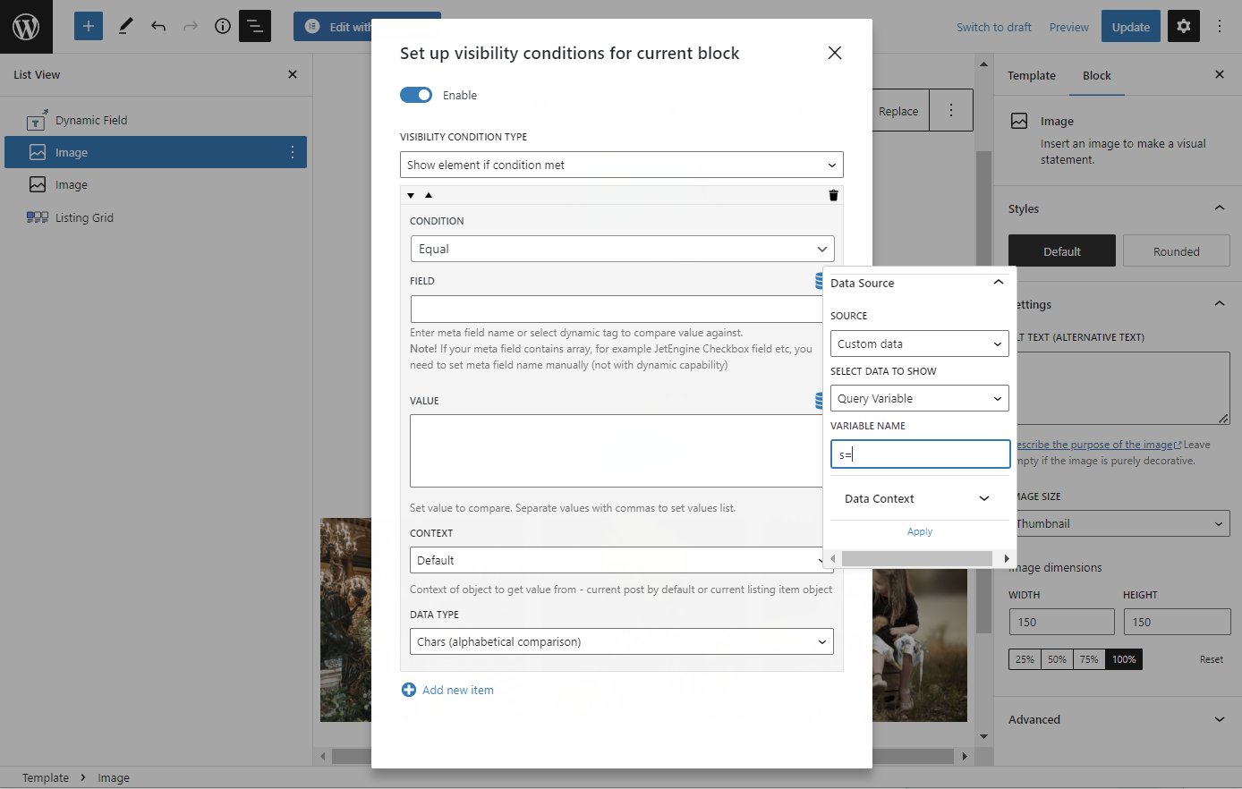 data source for show condition in gutenberg