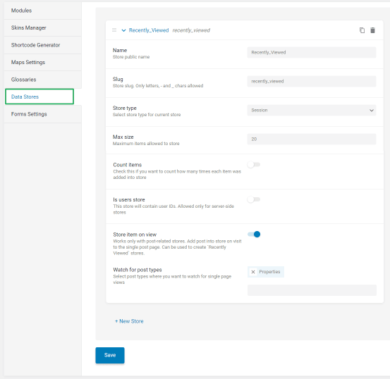 data stores settings