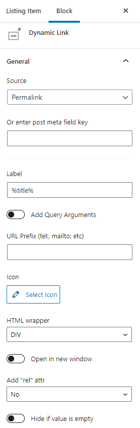 dynamic link block general settings