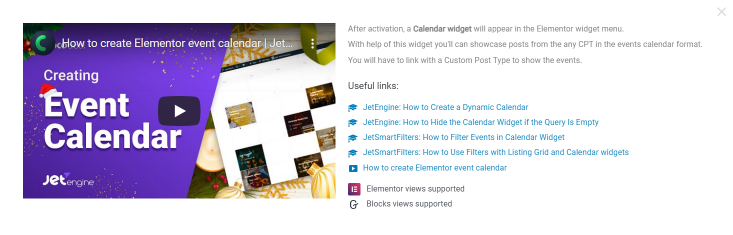 info pop-up about the jetengine calendar module