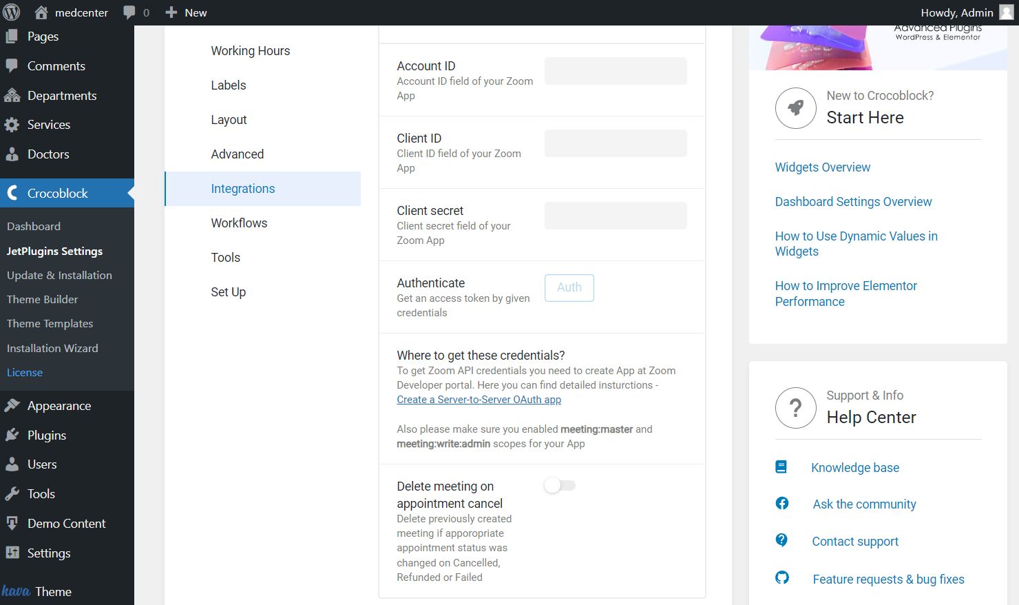 integrations zoom toggle enabled