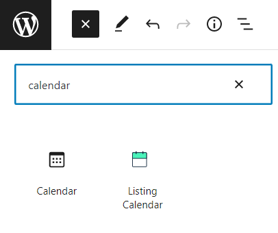 listing calendar block in Gutenberg editor