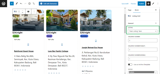 listing grid block settings in gutenberg