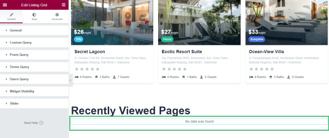 listing grid widget for recently viewed pages in elementor