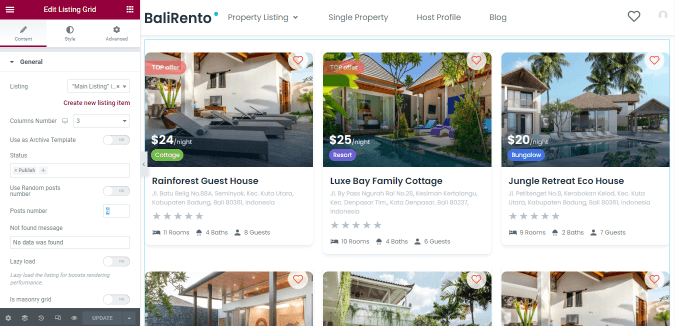 listing grid widget settings in elementor
