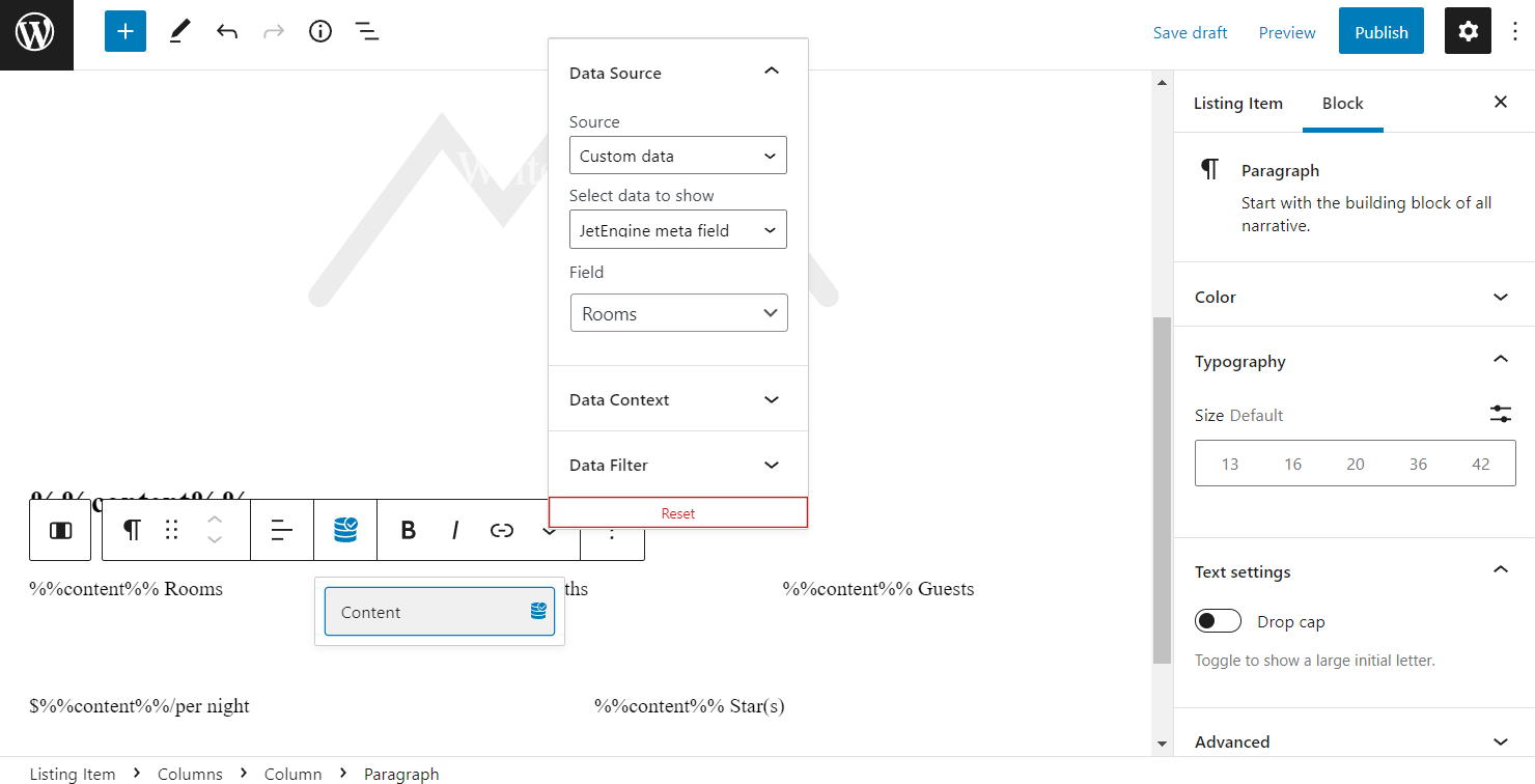 paragraph content tab