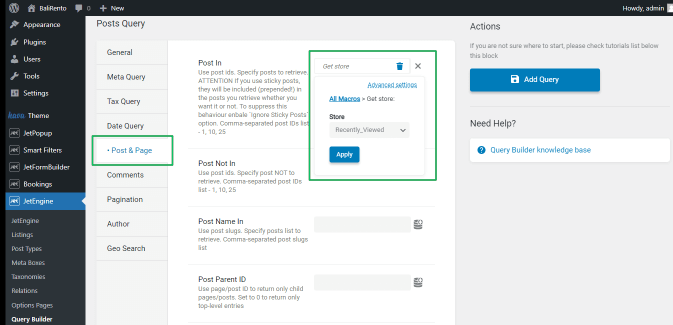 post and page settings of query