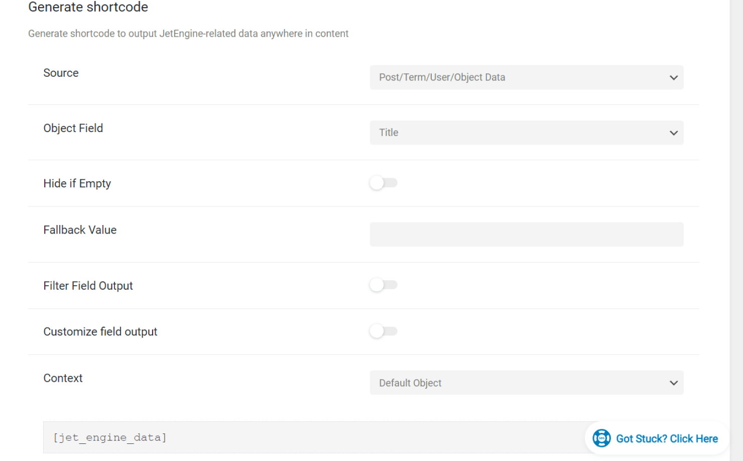 post term user object data source shortcode generator